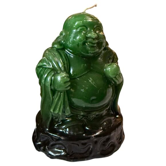 Vintage 70s Lucky Buddha Candle Green Black Wax Distressed 5.25 in - Picture 5 of 14